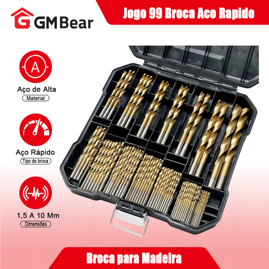 GM Bear Kit de Brocas para Madeira e Metal - Jogo de 99 Peças com Adaptador, Ideal para Furadeira | Jogo de broca em Oferta na Shopee