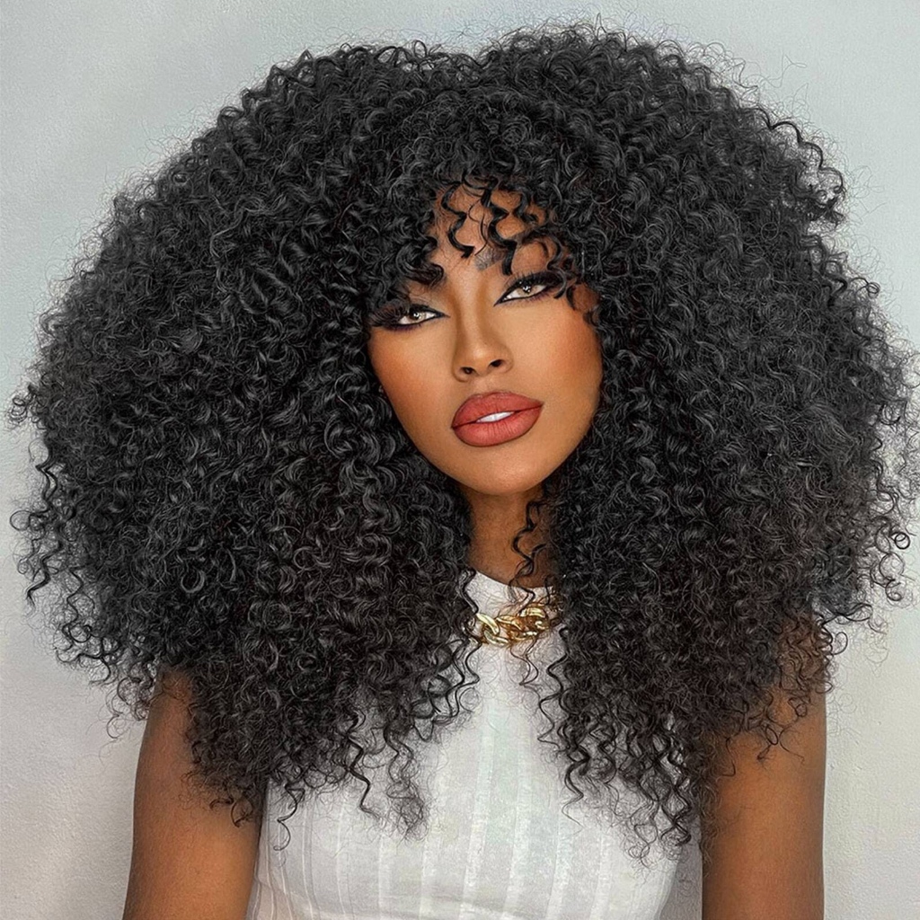40 cm Peruca Cacheada Afro Bomb Preta com Franja Fibra Orgânica