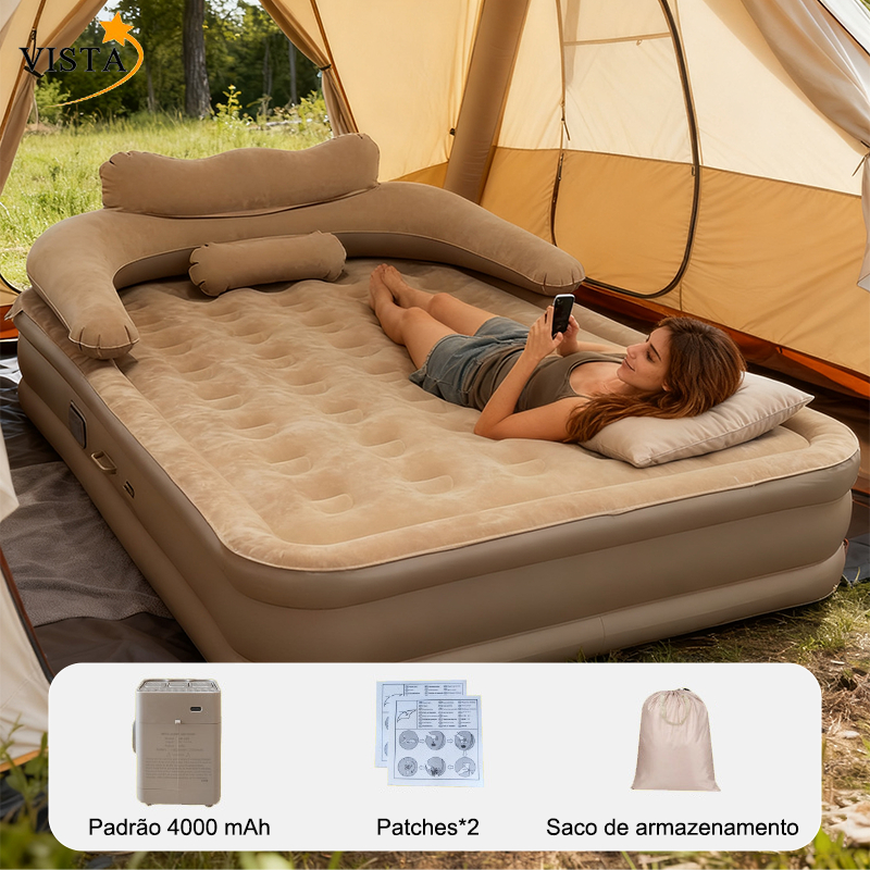 Colchão Inflável Casal Premium 205×182×75cm com Encosto e Travesseiro Integrado – VISTA