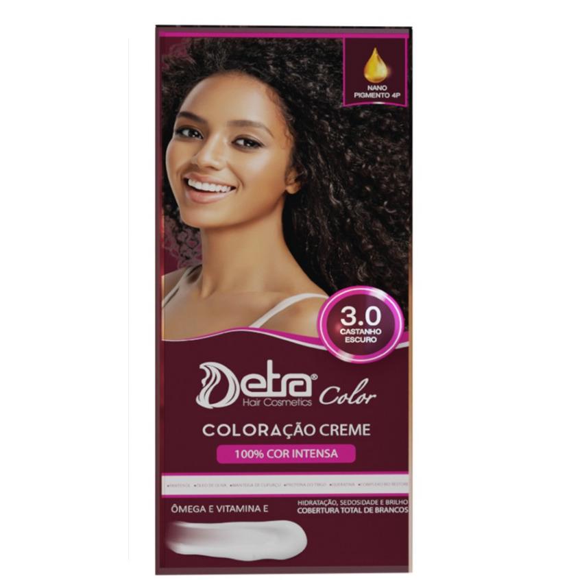 Kit color 3.0 Castanho Escuro 50gr  OX 20 Vol Coloração creme - Detra Hair Cosmeticos
