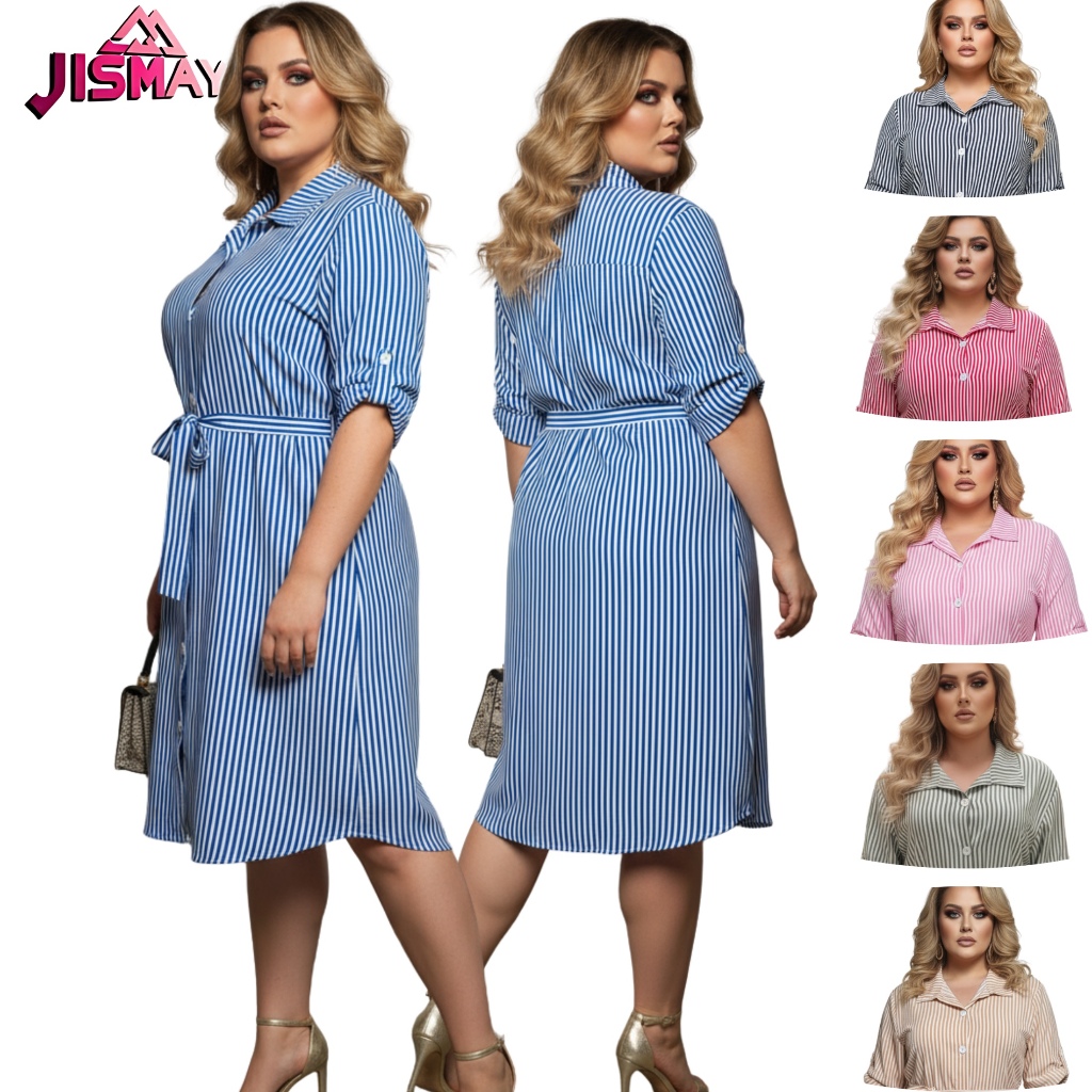 Chemise Feminina Listrada com  Manga ajustavel com Botão plus size G1 G2 G3