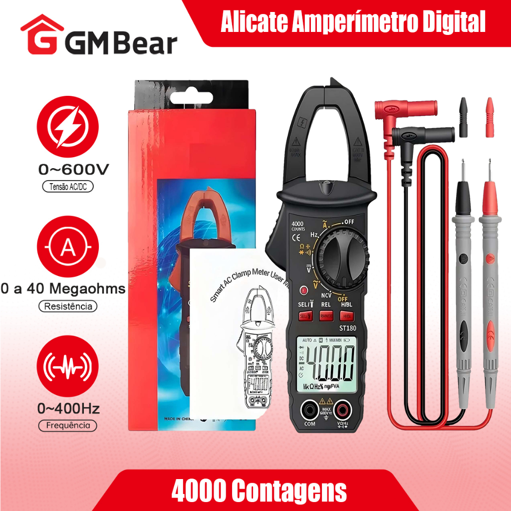 GM Bear Alicate Amperímetro Digital  ST180 - 600V, Ferramenta para Medição de Energia com Precisão | capacimetro digital