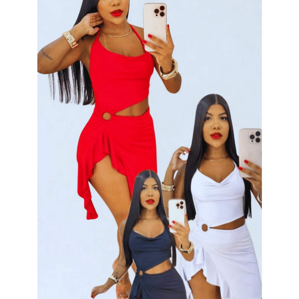 Vestido Julha Curto Nula Manga Com Super Fenda e Babados em Oferta na Shopee