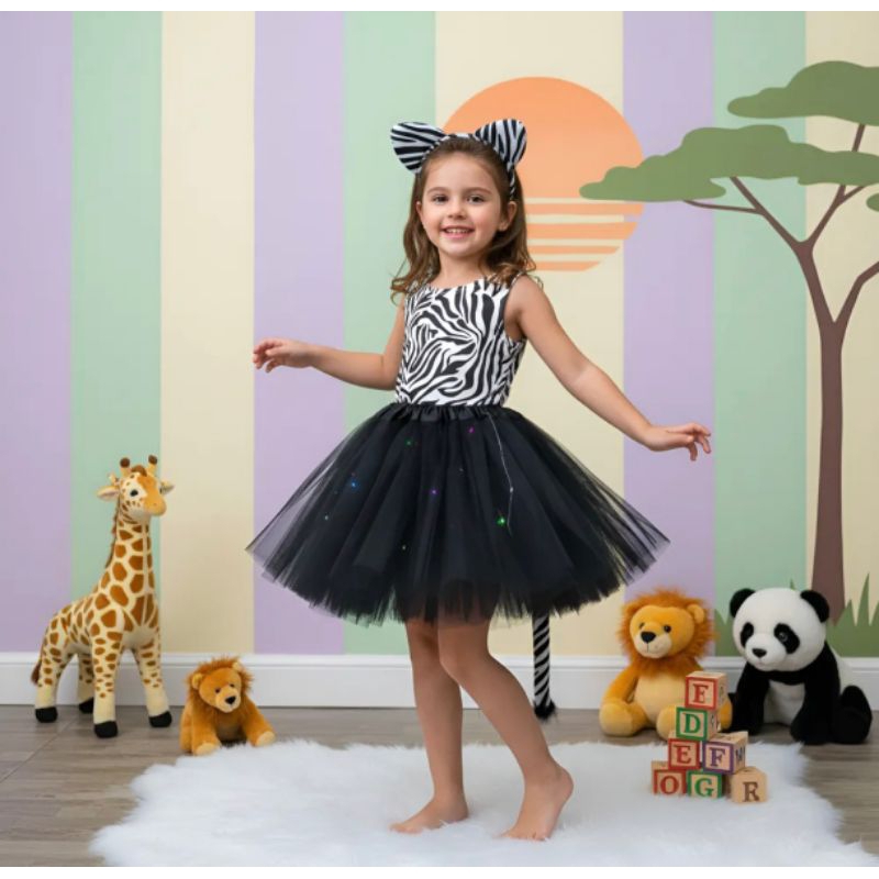 Fantasia infantil menina zebra safari evento escolar carnaval saia tule com led luz Body.