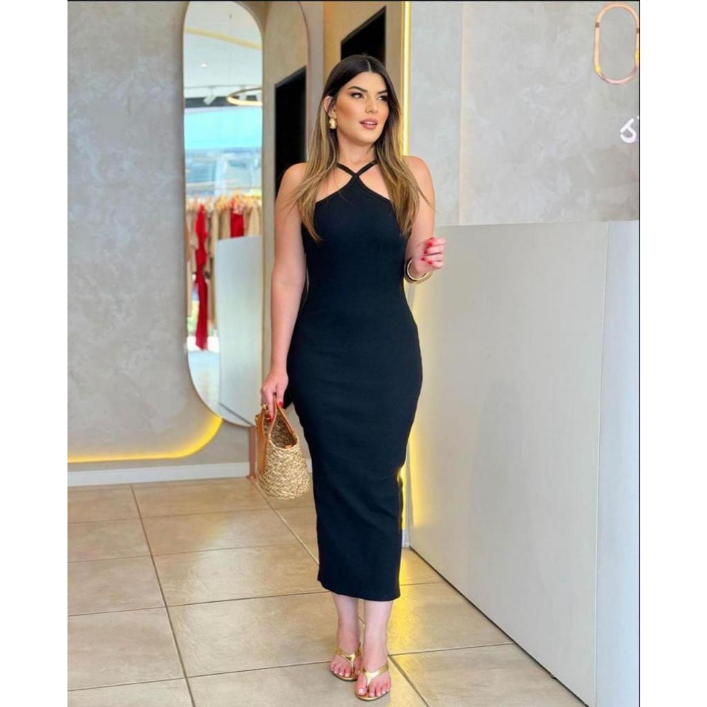 Vestido Feminino Caneladinho Fenda Nas Costas Vestido longo Feminino Recorte Que Modela o Corpo Vestido Tubinho Elegante