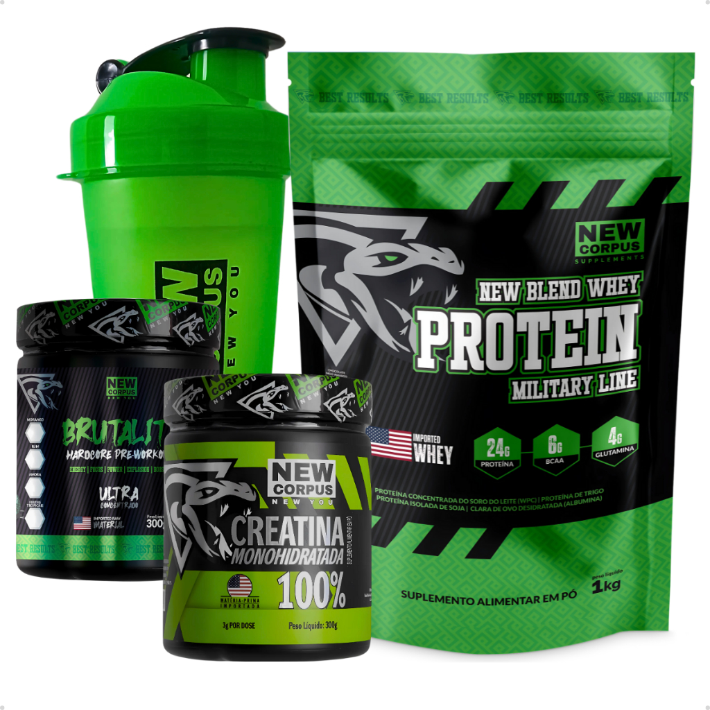 Combo Whey Protein + 1 Pre Treino + 1 Creatina e Brinde Shaker New Corpus
