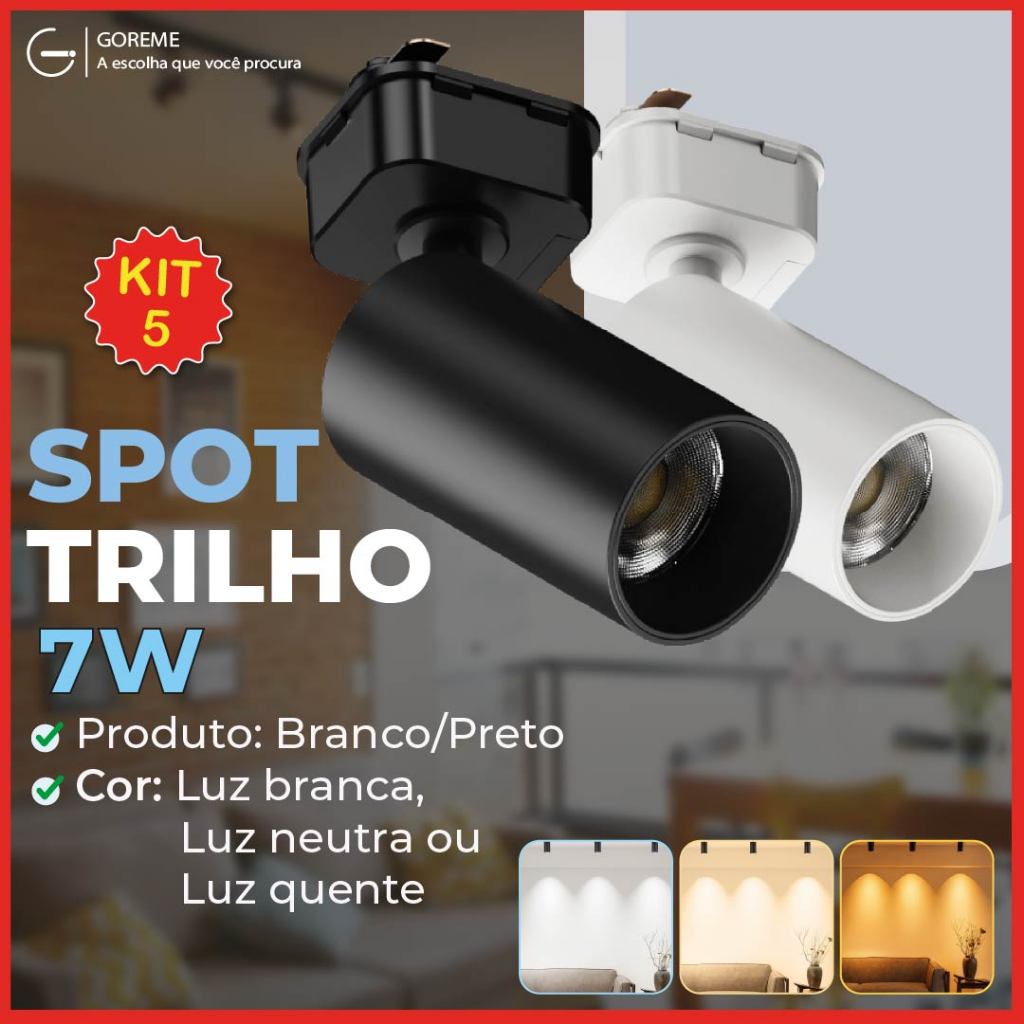 Kit 5 Spot para Trilho 7w Preto | Branco | Luz Branco Frio | Branco Neutro| Branco Quente em Oferta na Shopee