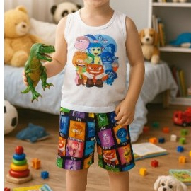 Pijama Infantil Menino Menina Camiseta Alça Feminina Regata Masculino Short Personagem Divertido LF048