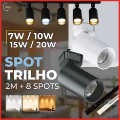 2M Trilho + 8 Spot LED 20W 15W 10W 7W Eletrificado + Trilho + Conector Preto e Branco Luz Fria, Neutra e Quente Bivolt