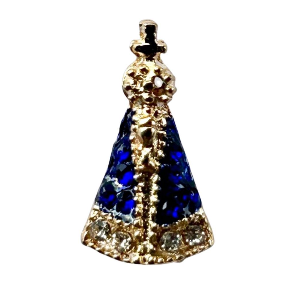 Bóton Nossa Senhora Aparecida Folheado com Pedrinhas Zircônia Azul e Cristal