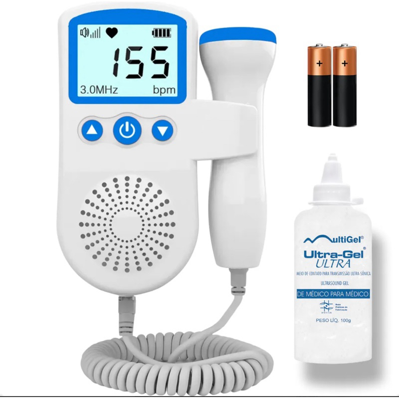 Kit Sonar Fetal Doppler Monitor Frequência Cardíaca + Pilha + Gel Brinde Batimento Bebe Ultrassom