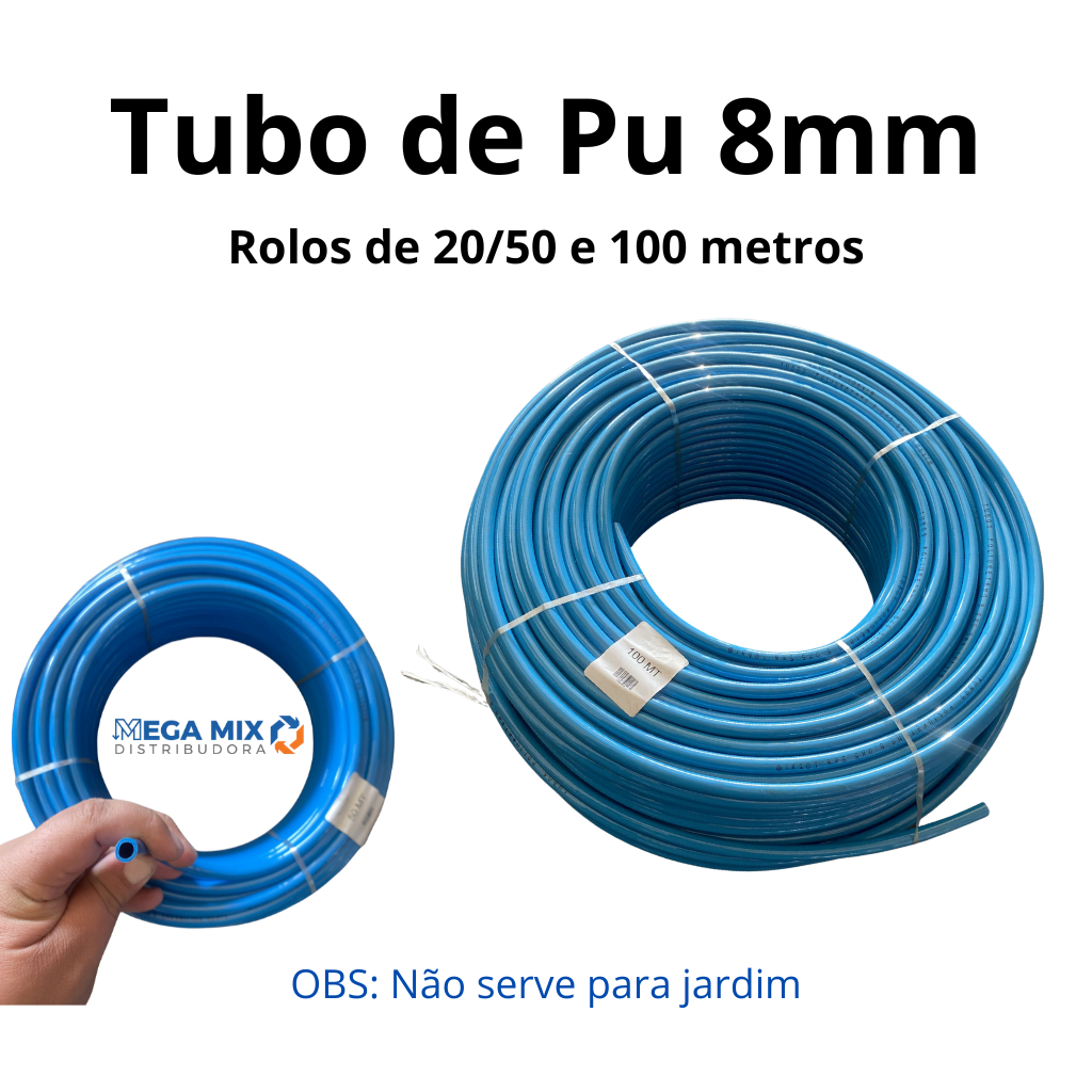 Mangueira Pneumática Azul Tubo PU 8mm – Rolo 20 - 50 e 100 Metros Flexível — imagem 2 de 2