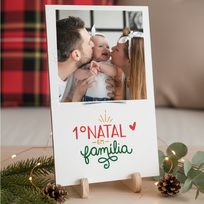 Quadro 1º Natal em Família Personalizado com Foto | Presente de Natal Decorativo