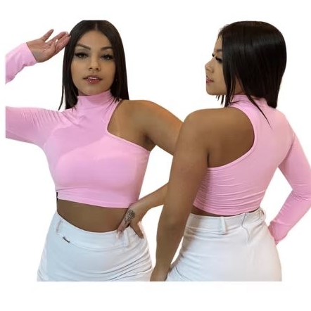 Cropped manga única blogueira com bojo em Oferta na Shopee