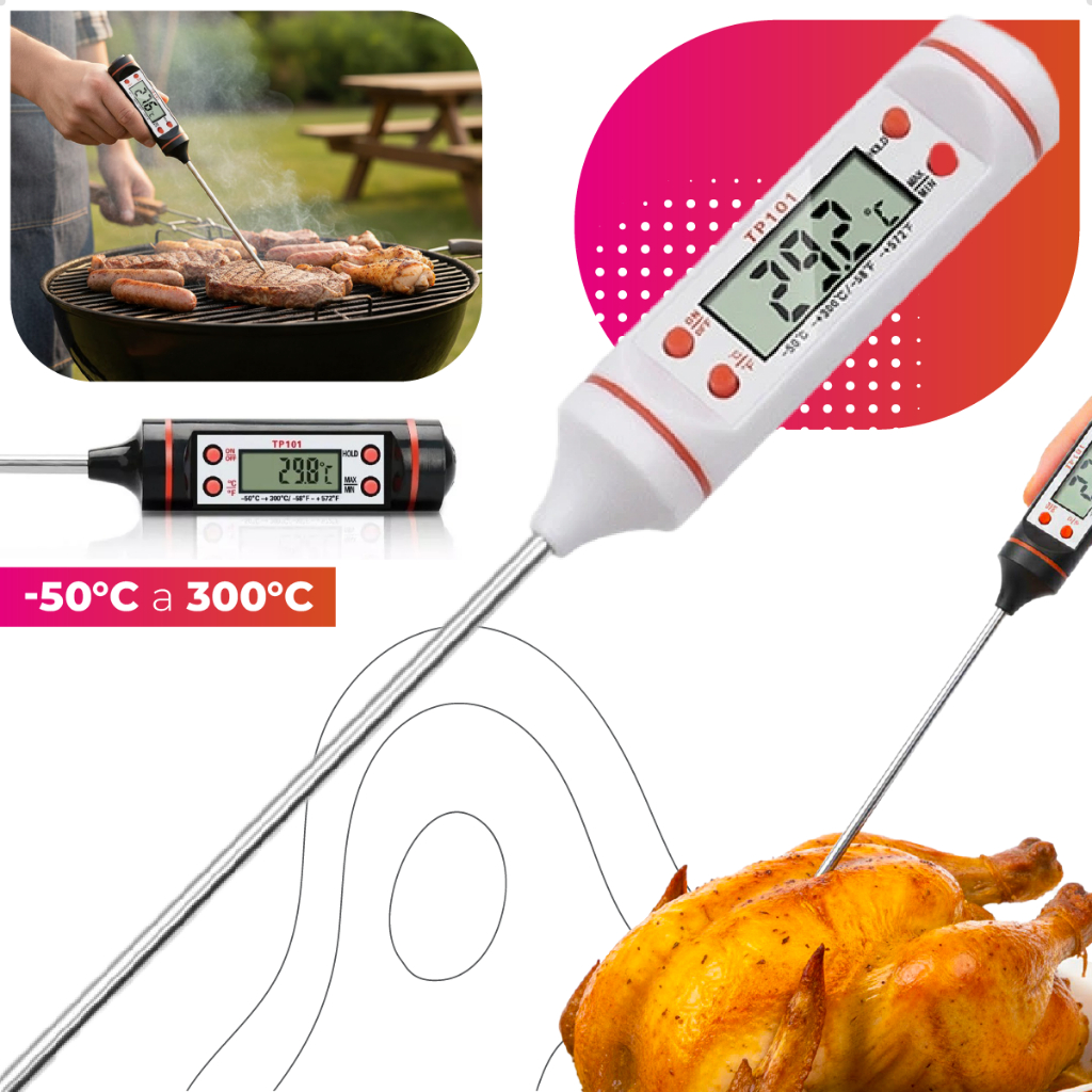 Termômetro Culinário Digital Espeto Profissional De Cozinha Para Medir Temperatura Alimentos Carnes Frios Em Aço Inox