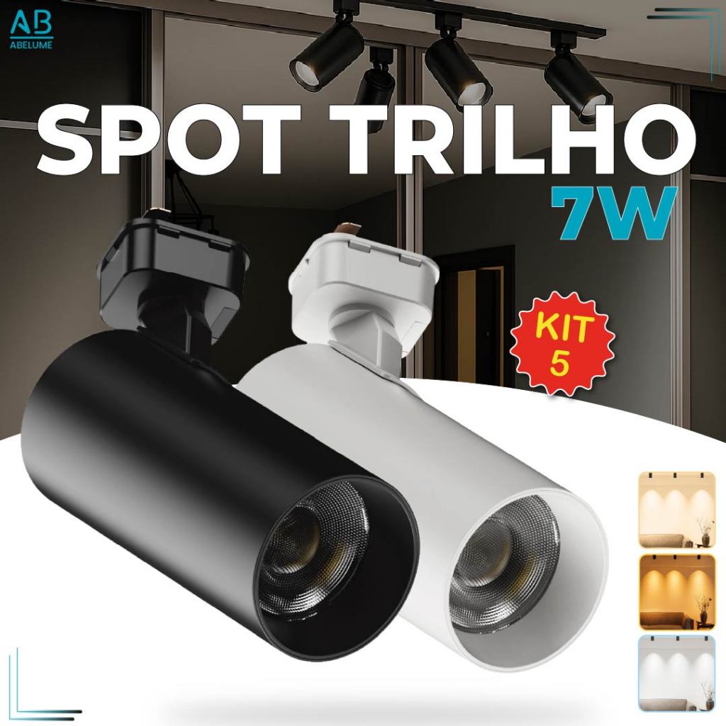Kit 5 Spots LED 7W para trilho, preto ou branco, luz 6500K, 4200K ou 3000K, ideal para ambientes internos. em Oferta na Shopee