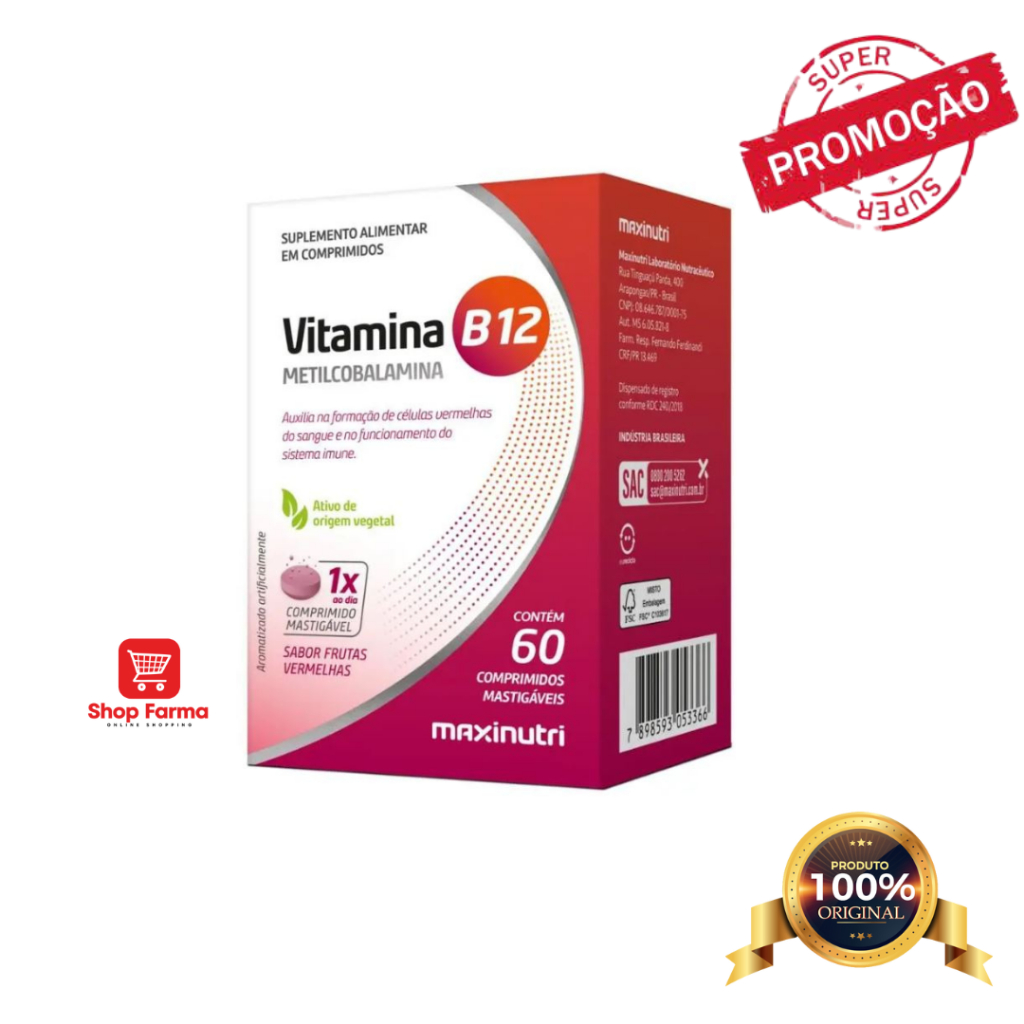 Vitamina B12 Metilcobalamina - 60 Comprimidos Mastigáveis Maxinutri - B12