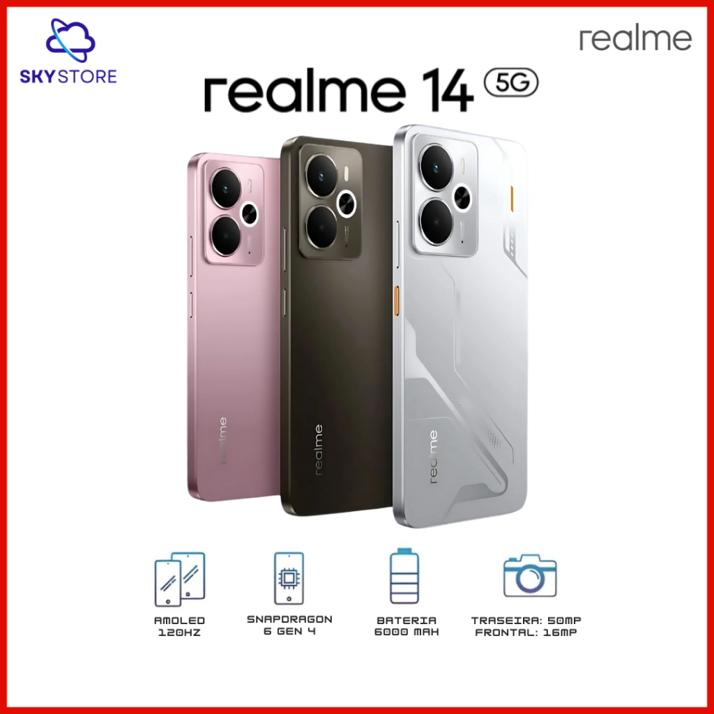 Realme 14 5G, 512/12GB RAM, 256/8GB RAM, 256/12GB RAM Câmera 50MP,  Snapdragon® 6 Gen 4, Bateria 6000mAh ,Versão Global. em Oferta na Shopee
