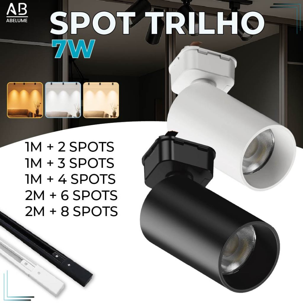 Trilho Spot LED para trilho eletrificado + Trilho + Conector Tubinho Preto e Branco 7W 360° | Bivolt em Oferta na Shopee