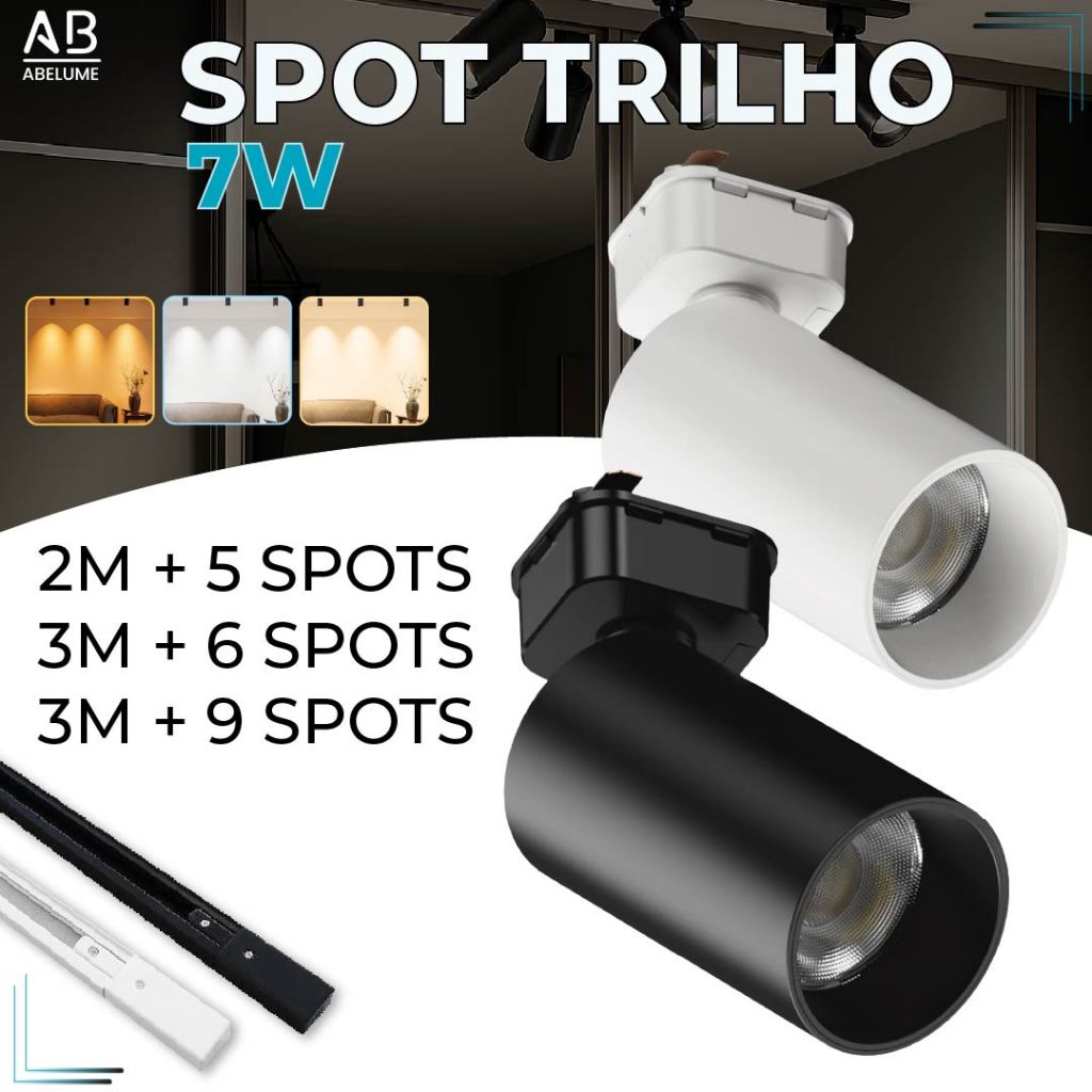 Spot LED 7W 360° com trilho e conector, preto ou branco, luz 3000K, 4200K ou 6500K, bivolt, Super LED econômico.