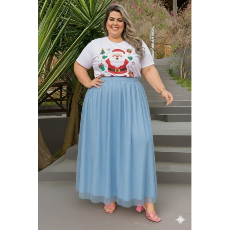 Saía longa Plus size no tule Brilho glitter e  Forrado evitando Transparência