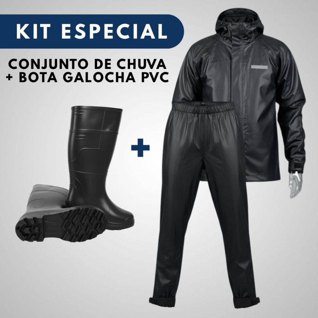 Kit Especial Conjunto Capa de Chuva + Bota Galocha PVC Cano Longo Trabalho Moto Entregador Impermeável