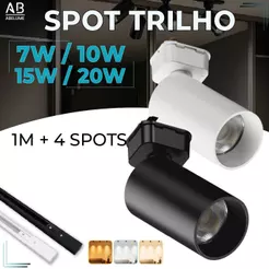 1M Trilho + 4 Spot LED 20W 15W 10W 7W Eletrificado + Trilho Tubinho Preto e Branco Luz Fria, Neutra e Quente Bivolt
