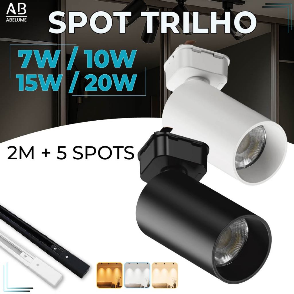 2M Trilho + 5 Spot LED 20W 15W 10W 7W Eletrificado + Trilho + Conector Preto e Branco Luz Fria, Neutra e Quente Bivolt em Oferta na Shopee