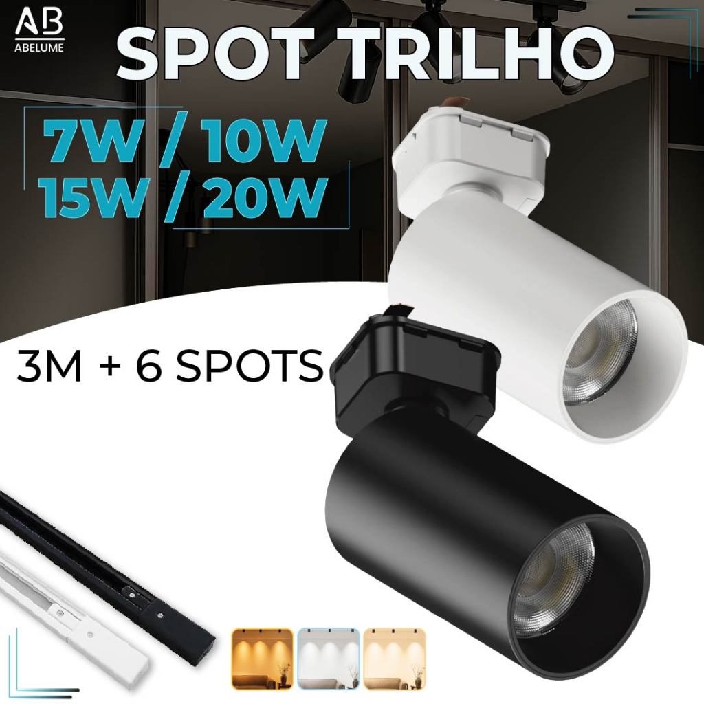 3M Trilho + 6 Spot LED 20W 15W 10W 7W Eletrificado + Trilho + Conector Preto e Branco Luz Fria, Neutra e Quente Bivolt em Oferta na Shopee