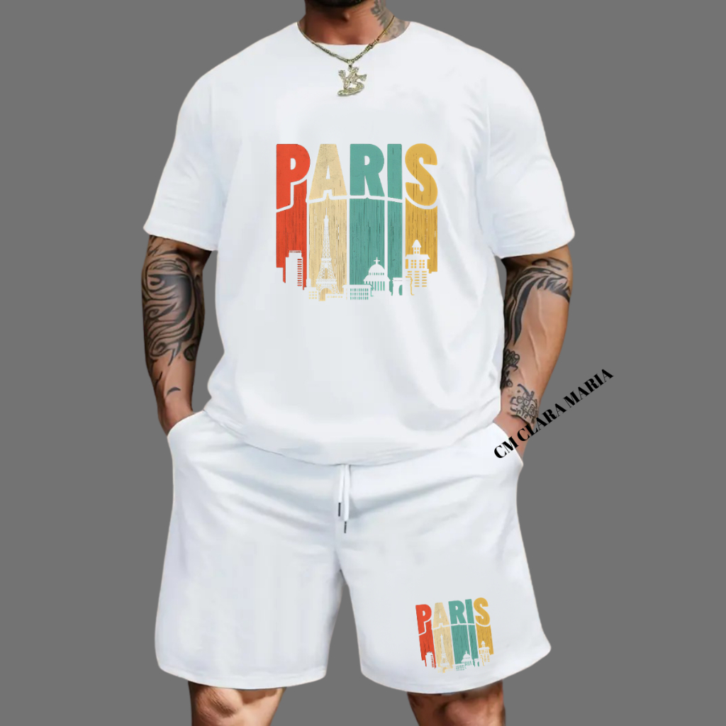 Conjunto Paris Colorido Lançamento Básico Confortavel Masculino Bermuda Tactel Camiseta Algodão