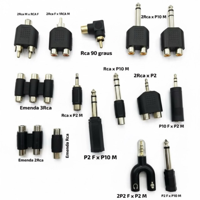 Kit 3 Adaptadores de Som P10 x P2 / P10 x RCA / P2 x RCA / Emenda RCA – Conectores de Áudio Estéreo Macho e Fêmea