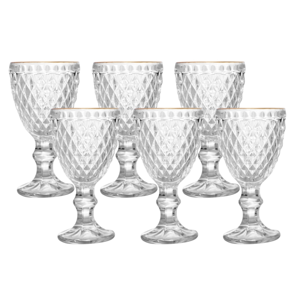 Jogo 6 Taças de Licor 50ml Vidro Transparente Bico de Abacaxi Borda Dourada Fio de Ouro - Lyor