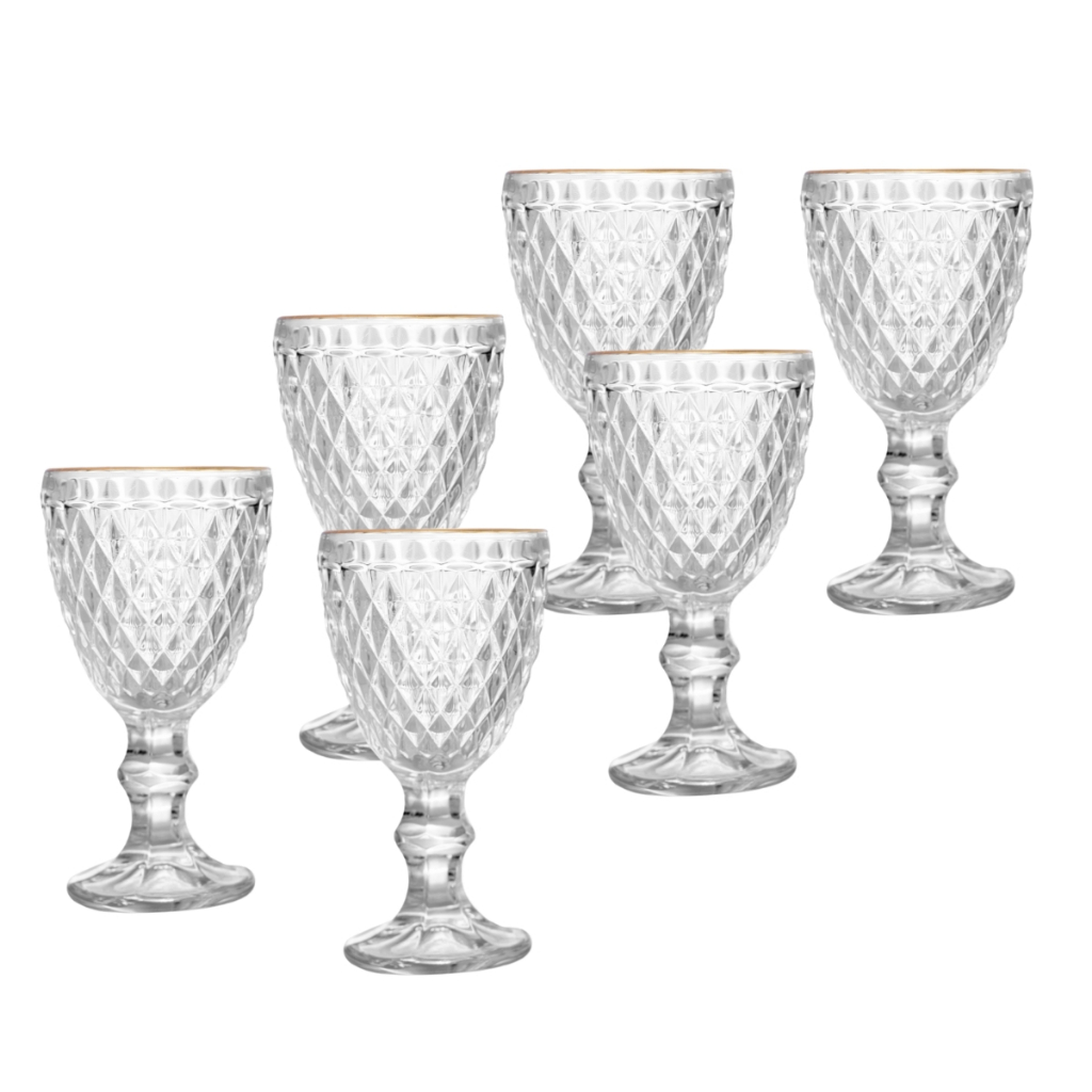 Jogo com 6 Taças de Licor Lyor Vidro Transparente 50ml Bico de Abacaxi Fio de Ouro Dourada