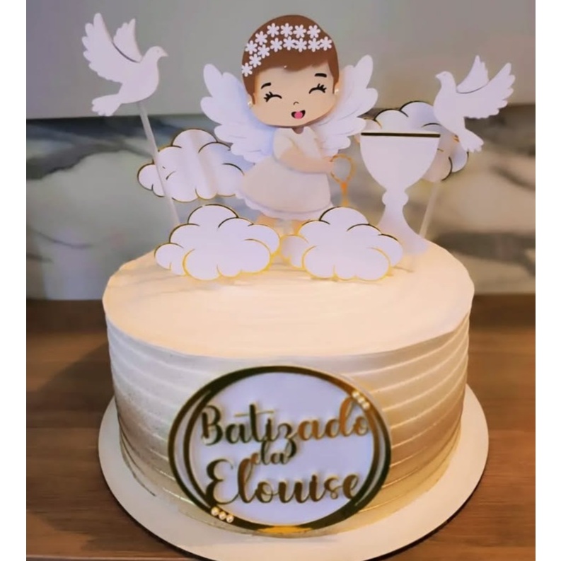 Topo de Bolo Batizado Menina Anjinha Personalizado | Topper Batizado com Nome | Enfeite para Bolo de Batizado Infantil
