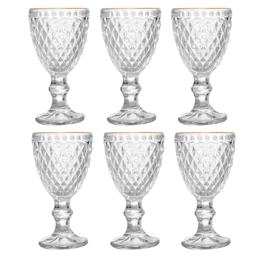 Jogo 6 Taças Lyor de Licor Vidro Transparente 50ml Bico de Abacaxi com Fio de Ouro Dourado