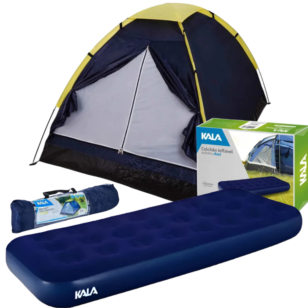 Kit Camping KALA 4 Pessoas Barraca 1.9Kg + Colchão Solteiro Aveludado Ultraleve Para Viagem