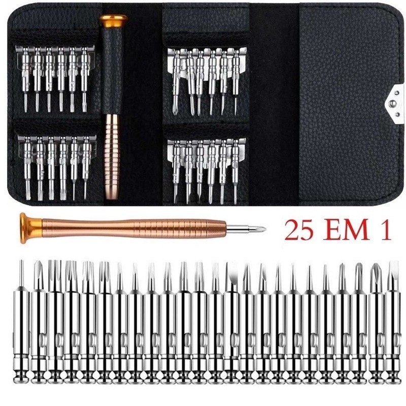 Kit Chaves de Precisão Profissional 25 em 1 Estojo de Couro Ferramentas Celular Notebook Torx Alen Philips Pequena
