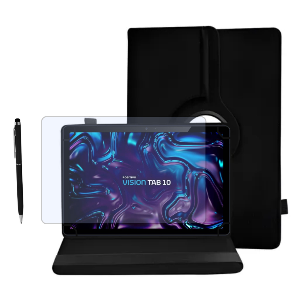Kit Completo Para tablet Positivo Tab Vision 10 – Capa Giratória + Película de Hidrogel + Caneta 2 em 1