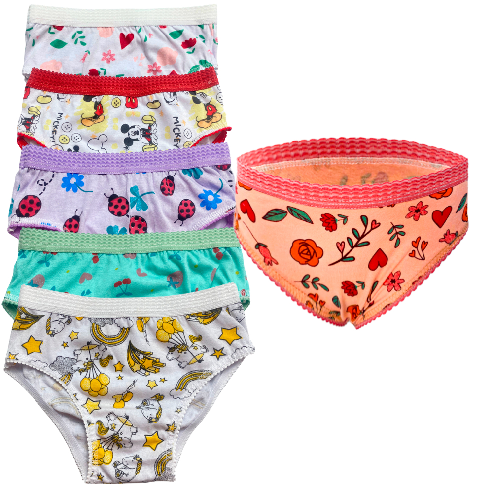 Kit 5 Calcinhas Infantil Estampada Algodão Cós Elástico