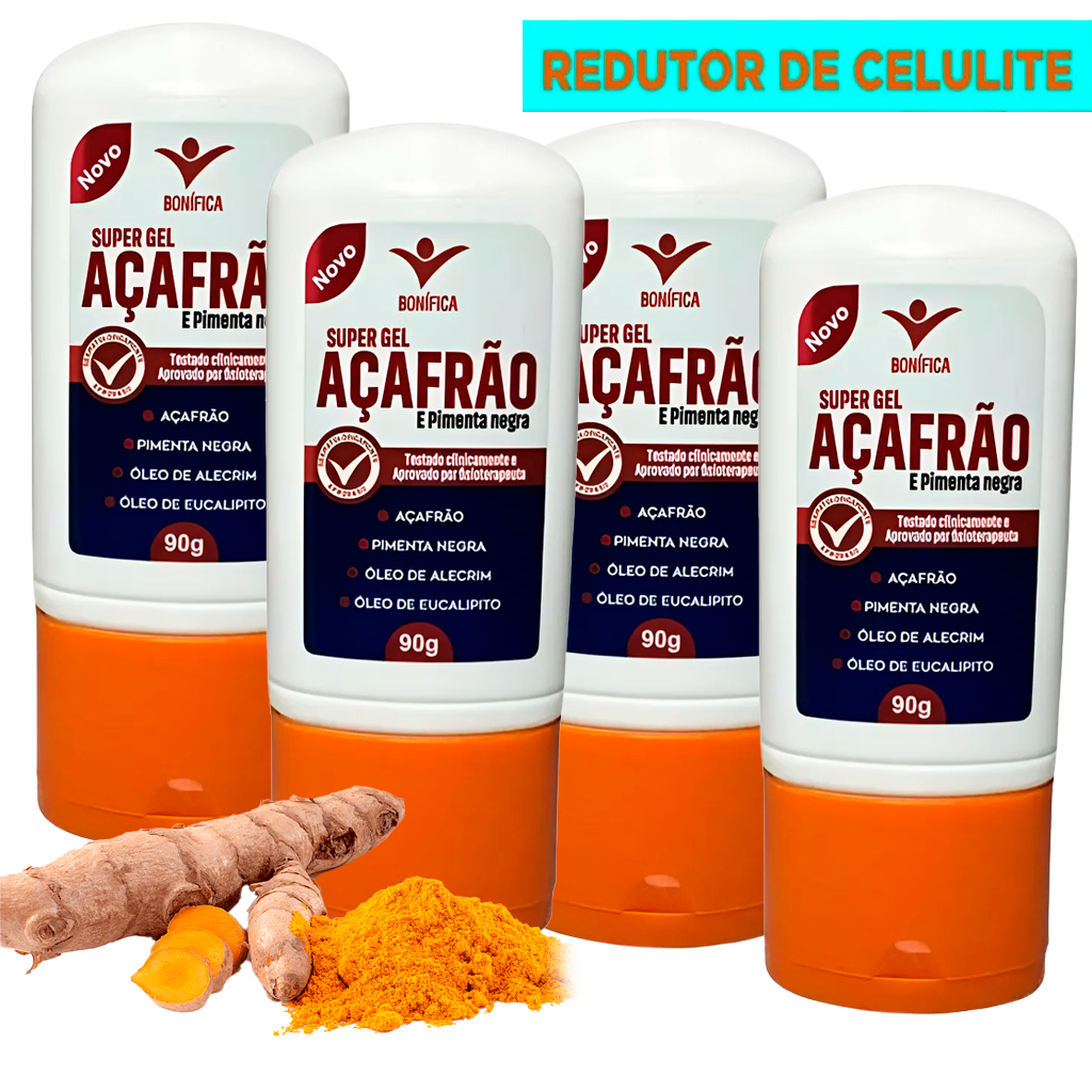 Kit 4 Gel Açafrão Pimenta Negra Super Redutor De Medidas 90G Óleo Creme Alivio na Dor Muscular
