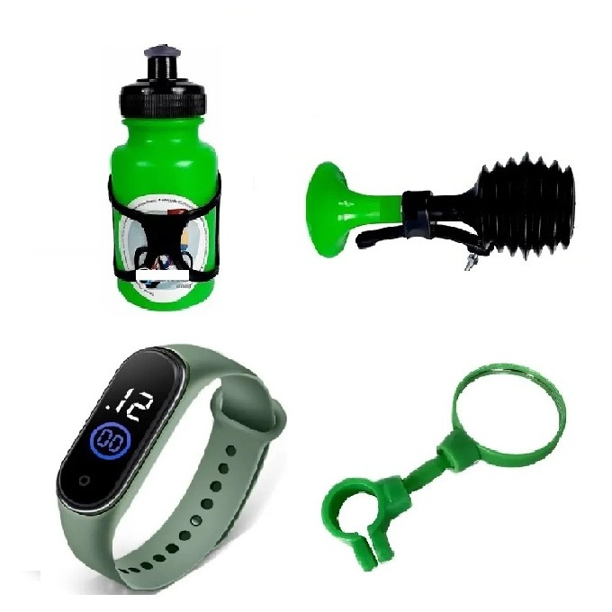 Kit Infantil Relógio Digital Buzina Espelho Garrafinha Bicicleta Criança Bike Esporte Verde