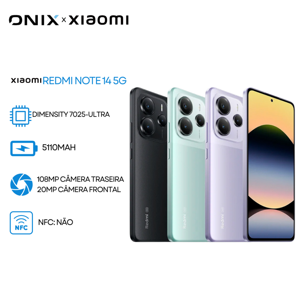 Redmi Note 14 5G, 256GB+8GB RAM, Câmera 108MP, Processador Dimensity 7025-Ultra, Bateria 5110mAh, Versão Global