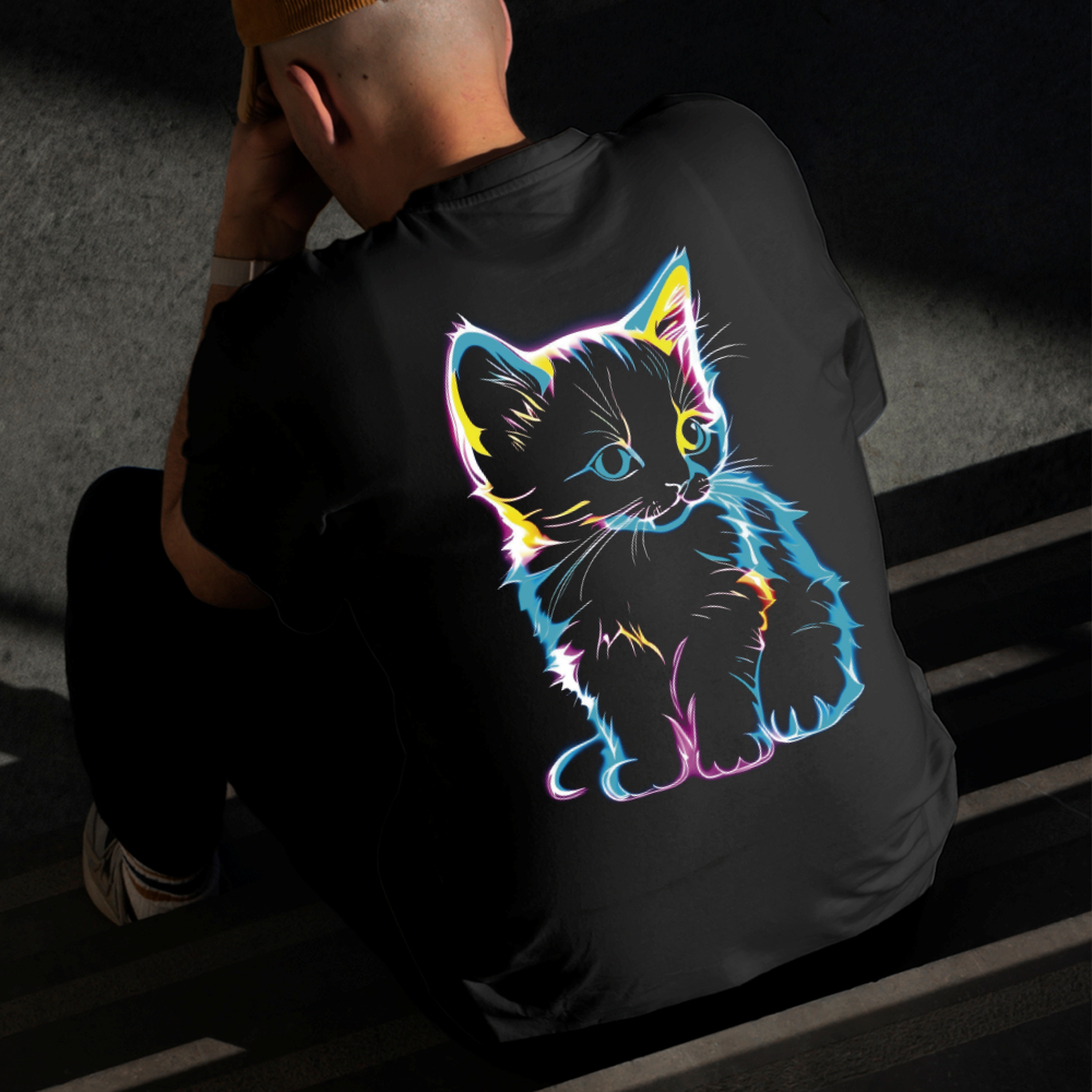 Camiseta Masculina Estampada Gato Neon 100% Algodão Estilo Conforto Diário Do Tamanho P ao GG