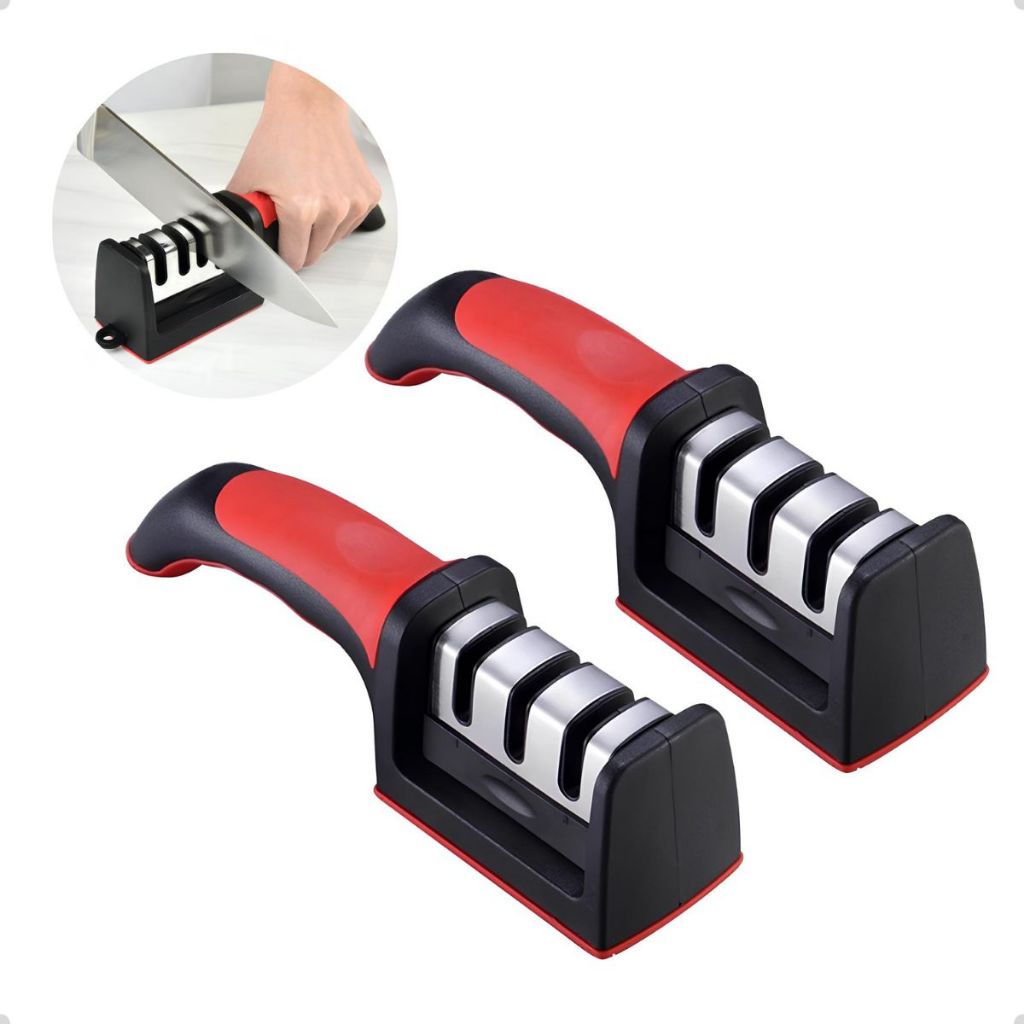 Imagem Kit 2 Unidades Afiador Facas Amolador 3 em 1 Afia Fácil Aço Inox Cozinha Profissional Antiderrapante