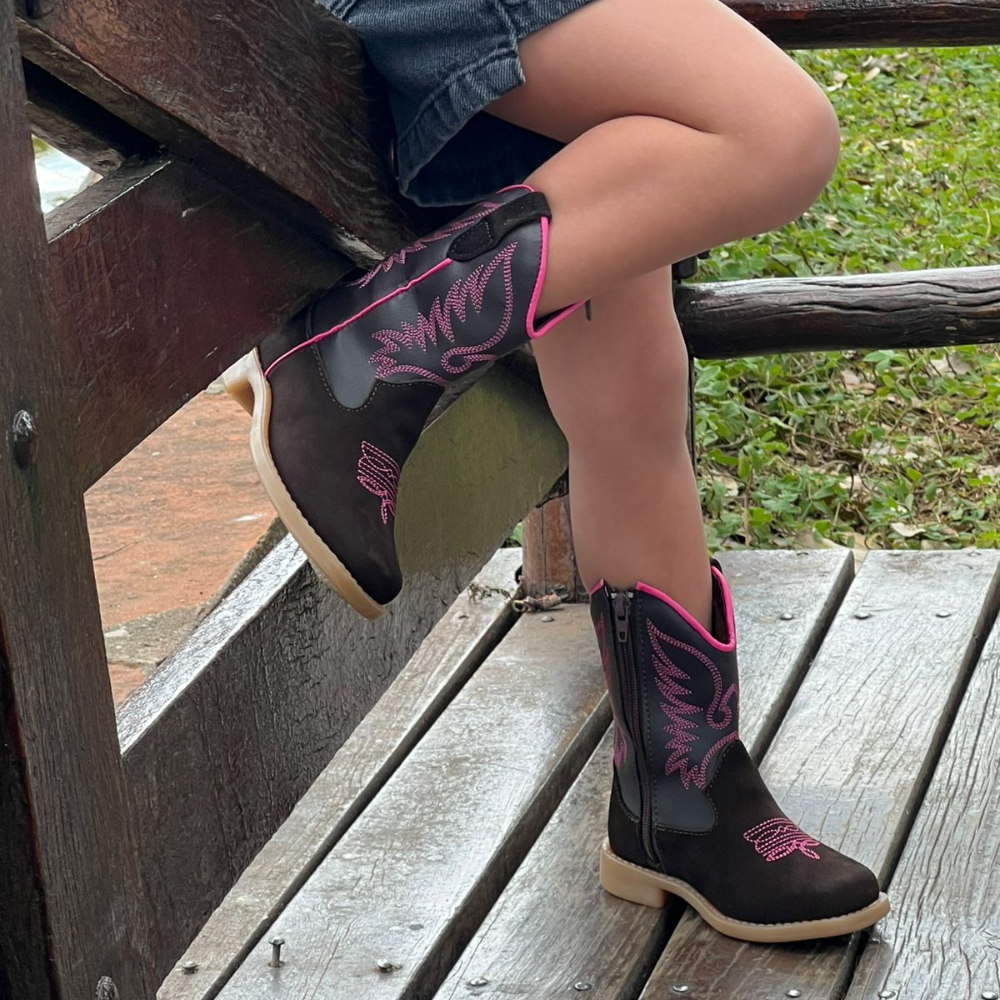 Bota Botina Texana Infantil Couro Bordada Country Boiadeira Festa junina Rodeio Confortavel Feminina Menina