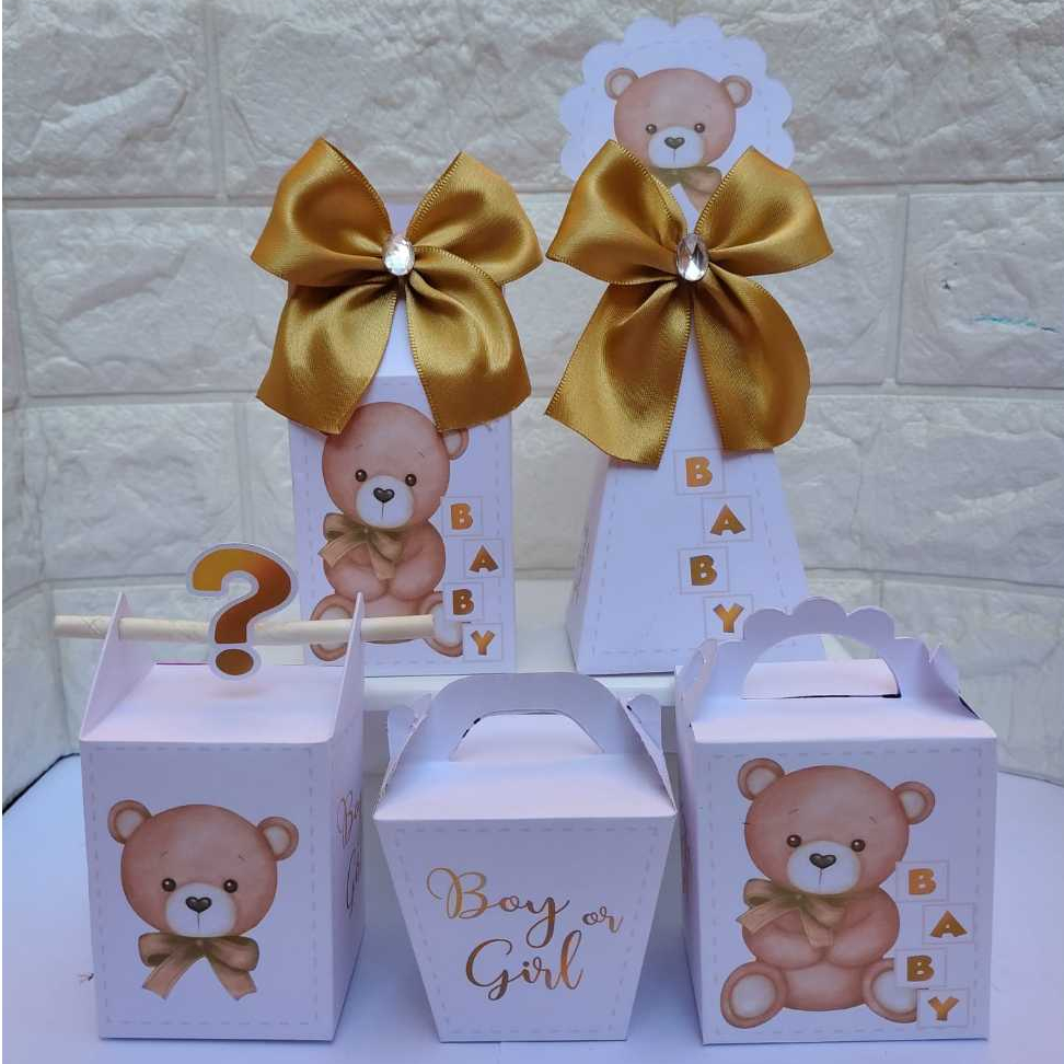 Kit festa CHÁ REVELAÇÃO BRANCO COM DOURADO PEGUE E MONTE Caixinhas Personalizadas lembrancinhas para Festas  Aniversário