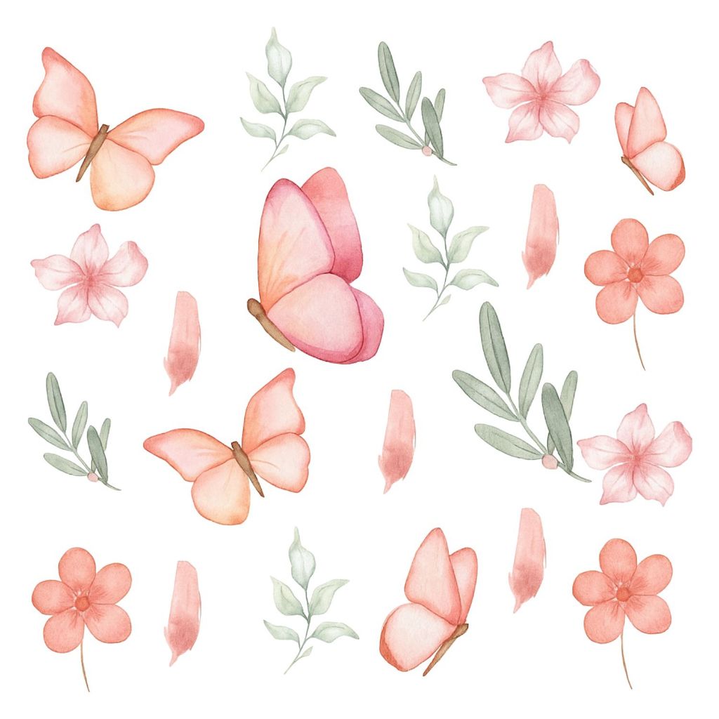 Adesivo De Parede Decorativo Borboletas Floral Raminhos Flores Rosa Quarto Menina Feminino