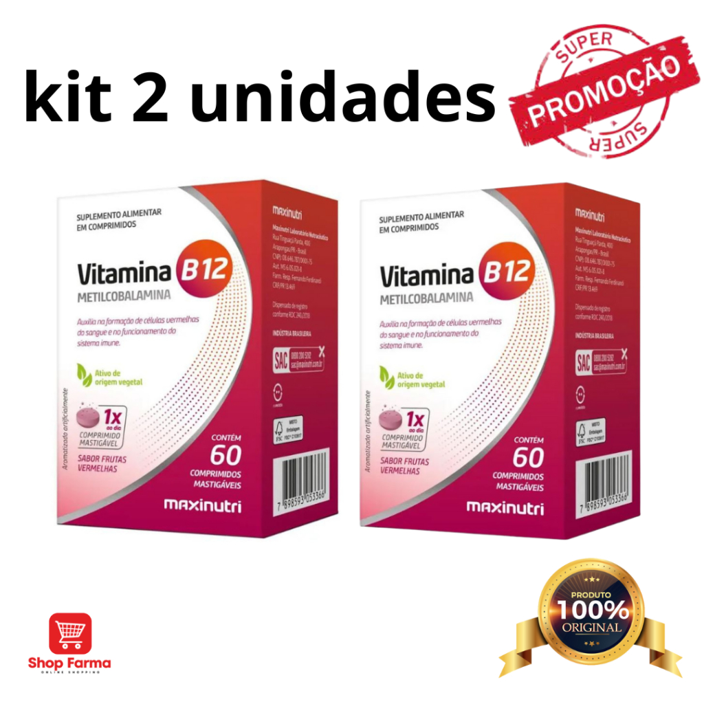 kit 2 x Vitamina B12 Metilcobalamina - 60 Comprimidos Mastigáveis Maxinutri - B12