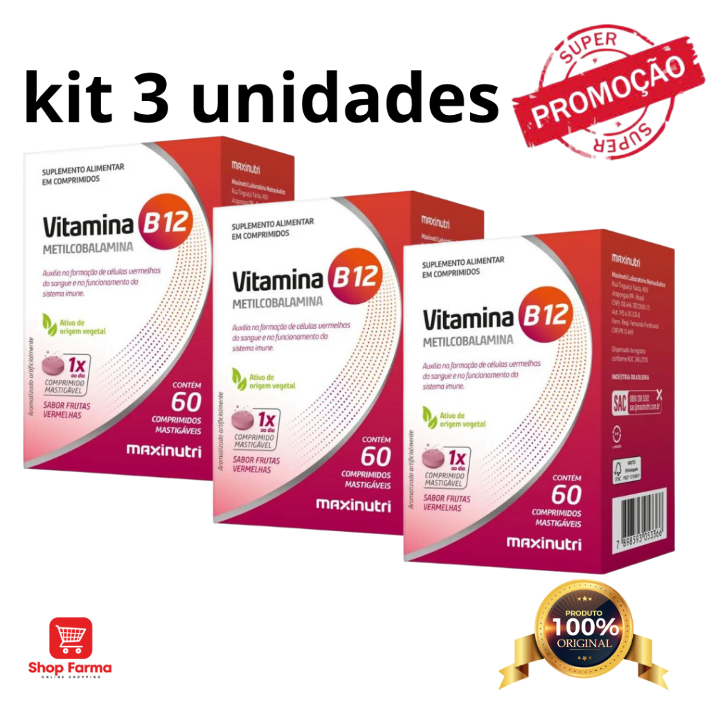 kit 3 x Vitamina B12 Metilcobalamina - 60 Comprimidos Mastigáveis Maxinutri - B12