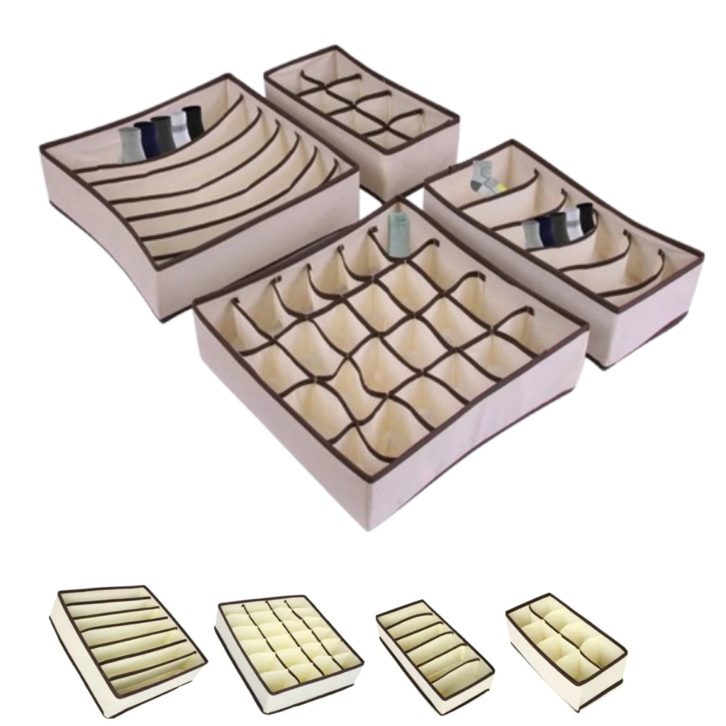 Kit 4 Organizador de Gaveta Bege Guarda Roupa Closet Roupa Intima Meia Cueca Gravata